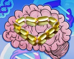Omega-3 Pills over a brain and DNA